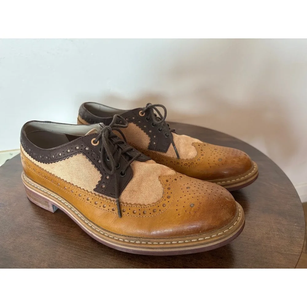 Clarks Tor England Mens size 10 Leather Canvas Wingtip Brogue Oxford Shoes